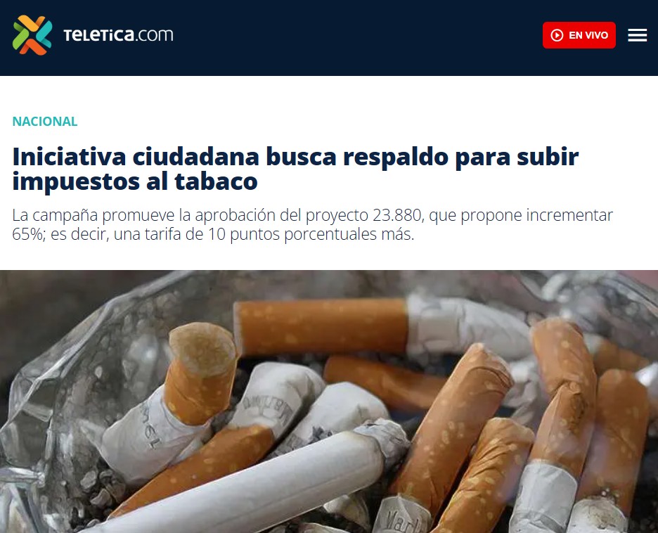 Publicación en Teletica.com campaña impuestos al tabaco